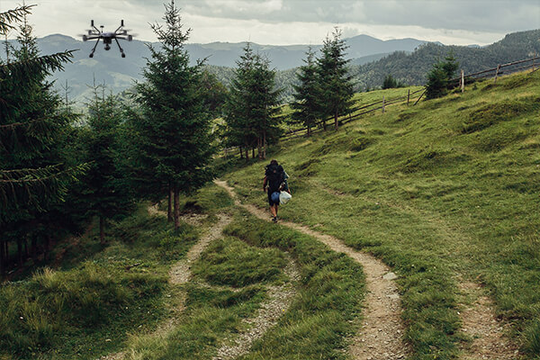 hilly areas and drone is navigating
